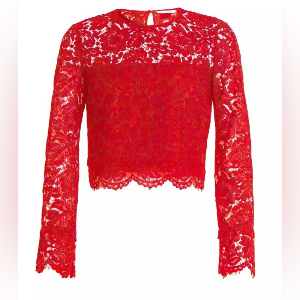 Diane von Furstenberg DVF Yeva Lace Top Red Floral Sheer Long Sleeve Blouse Sz 6 - Picture 2 of 7